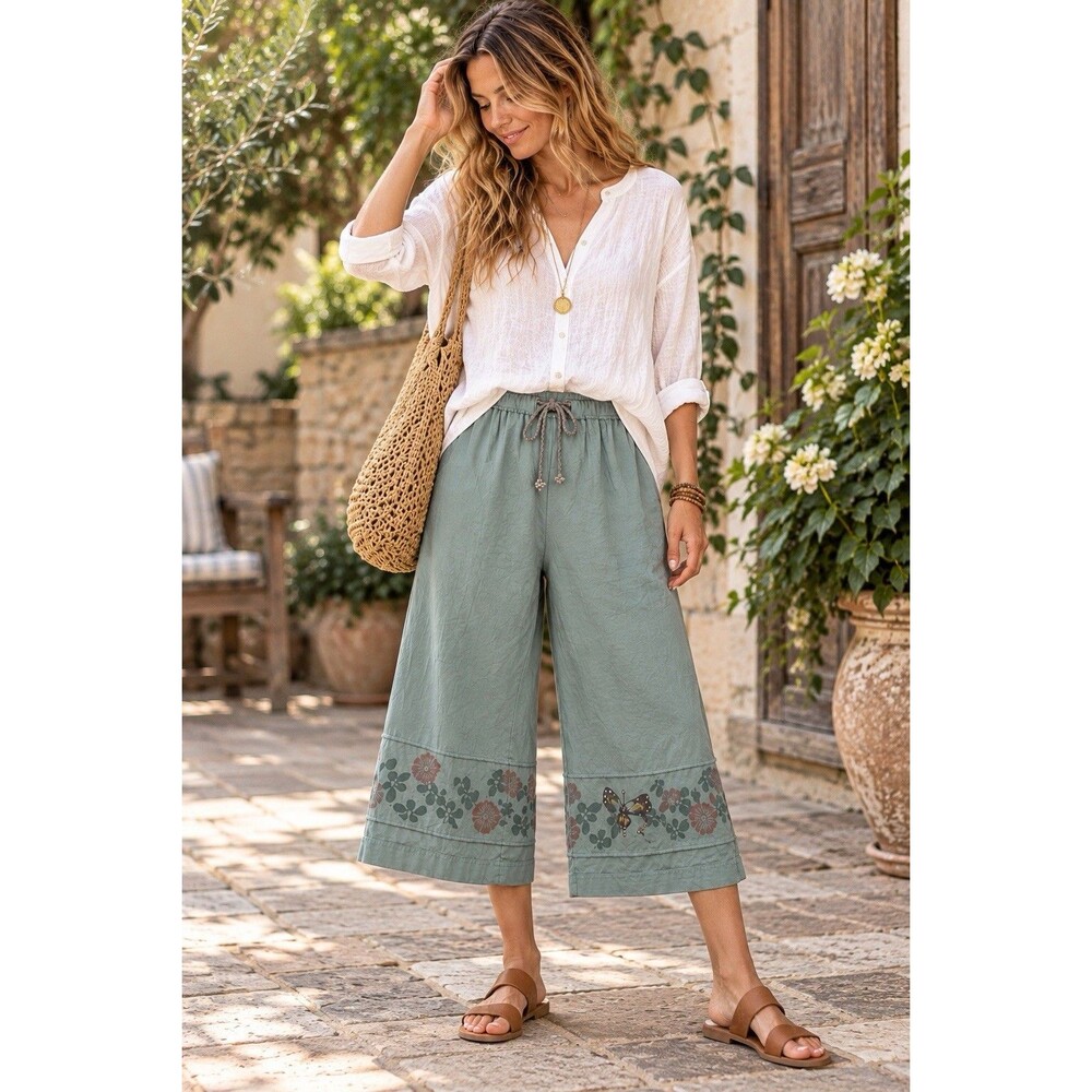 Blue Fish Organic Cotton Wide Leg Pants Painted Butterfly USA Size 0 (4-10) $199